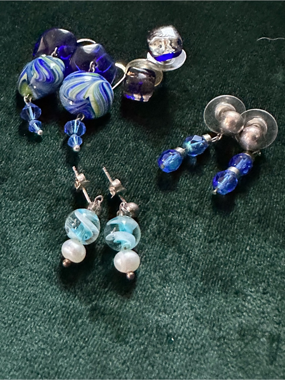 Handmade Blue Glass Bead Earrings (w/ sterling silver) - Set of Four - Picture 2 of 3